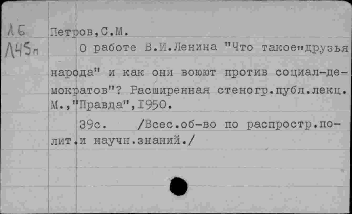 ﻿АС
М5п
Петров,С.М.
О работе В.И.Ленина ’’Что такоепдрузья народа” и как они воюют против социал-демократов”? Расширенная стеногр.публ.лекц. М. /’Правда”, 1950«
39с. /Всес.об-во по распростр.полит, и научн.знаний./